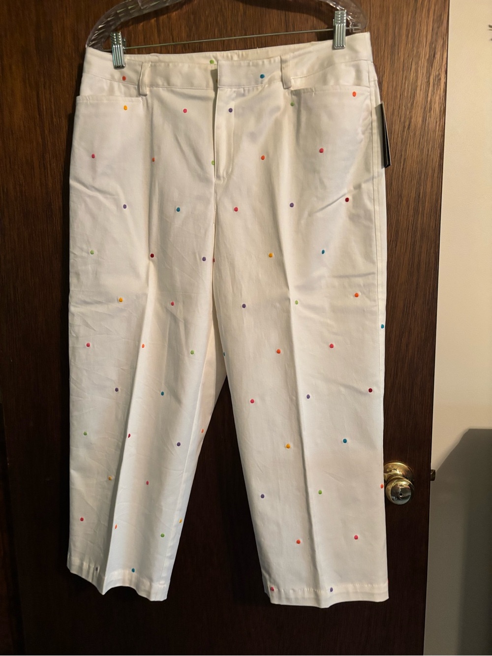 White Cropped Jeans with Multicolor Dot Embroidery